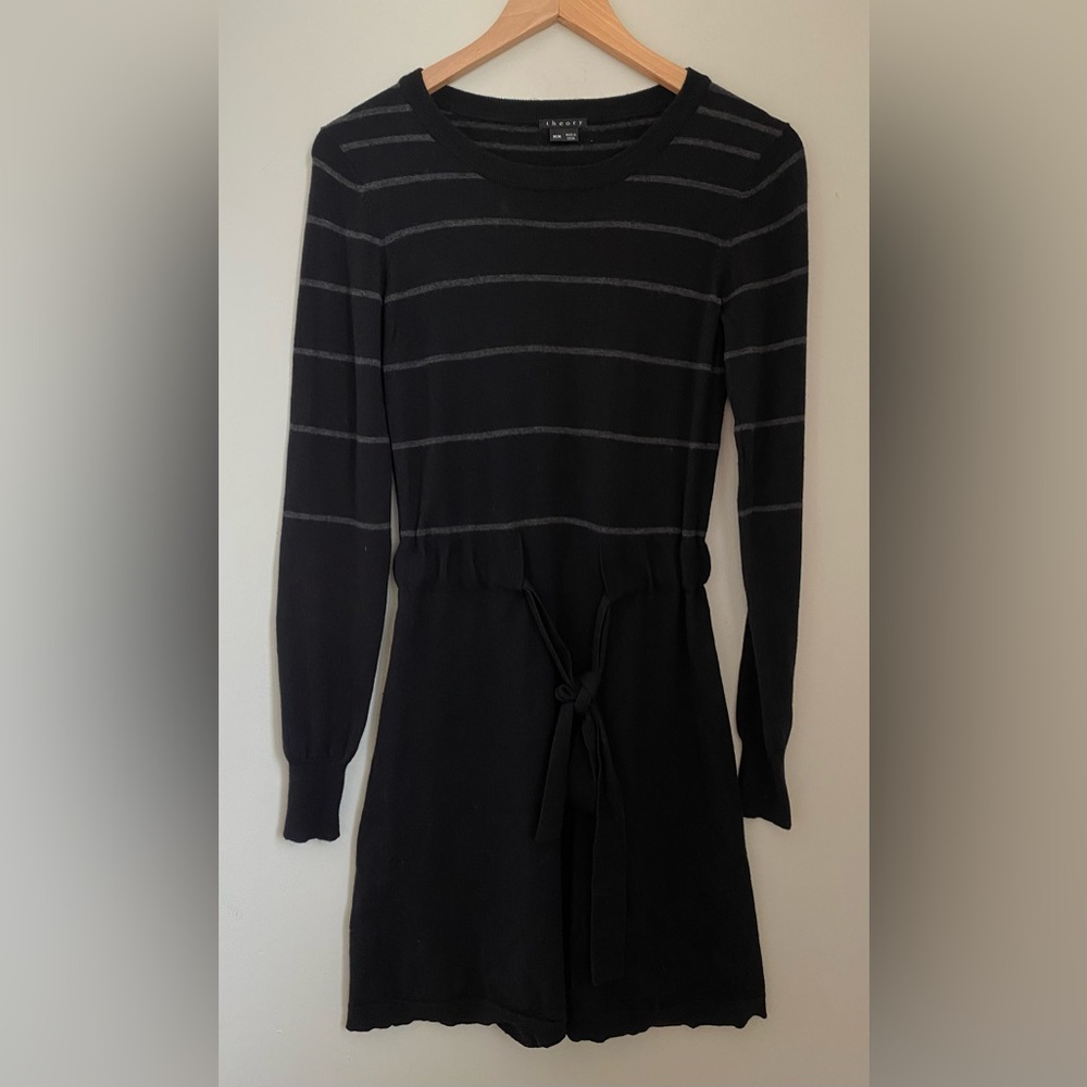 Theory Wool Blend Milly New Steady Stripe Tie Waist Fit n Flare Sweater Dress- M - Picture 2 of 11